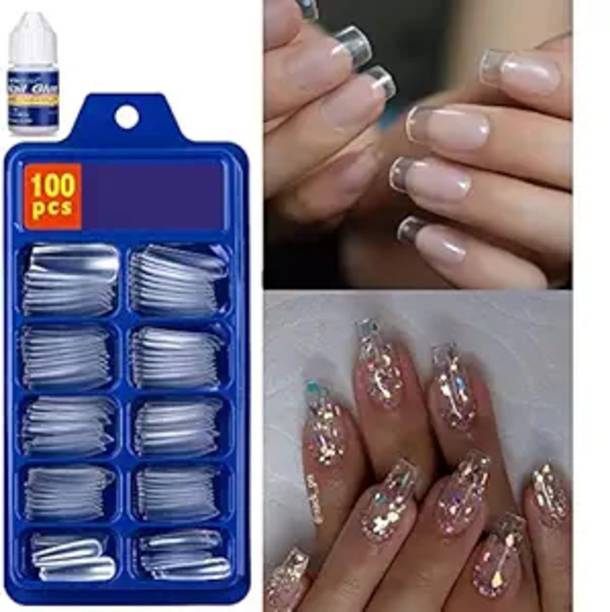LXELA Clear Nail Tips Pro100 | 100 Pcs Nail Extension Tips with Glue for Acrylic Nails Transparent