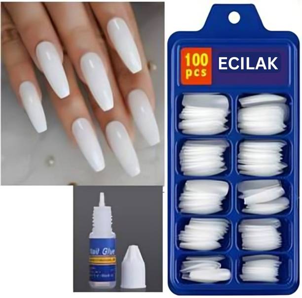 ECILAK Full Cover Artificial Nails Set, Acrylic Nails Set,Nail Extension + Nail Glue WHITE