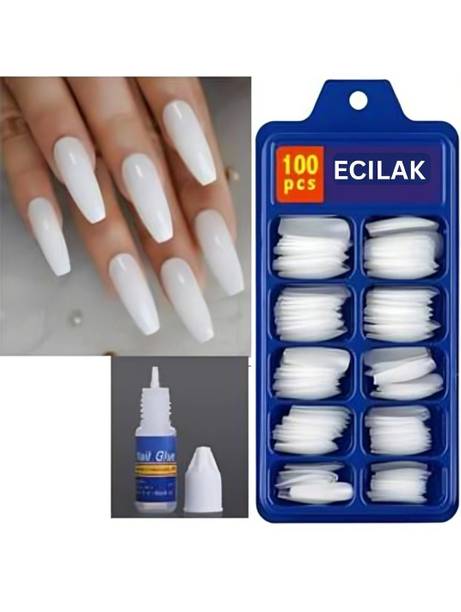 ECILAK Full Cover Artificial Nails Set , Acrylic Nails Set, Nail Extension + Nail Glue WHITE