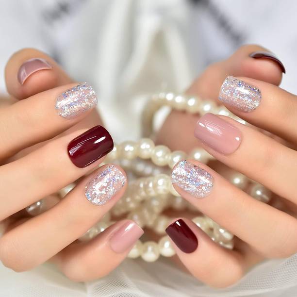The NailzStation nails artificial nail fake designer press on extension with design glue french Maroon, Rose, Silver