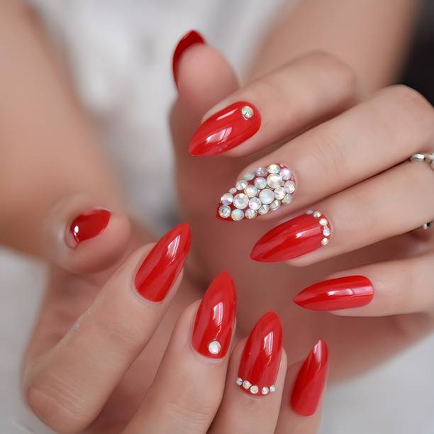 The NailzStation nails artifical nail fake designer press on extension with design glue Studded Red