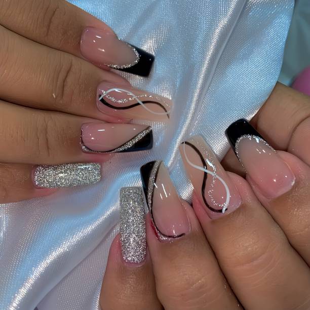 The NailzStation nails artificial nail fake designer press on extension with design glue French Black, White