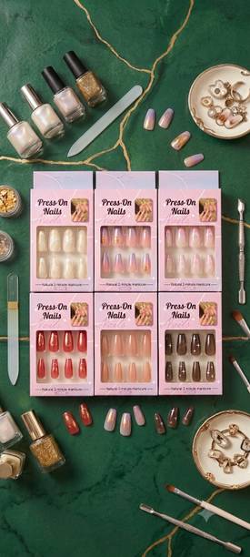 BLOOP 24 nails artificial nail fake designer press on extension with design glue multicolour
