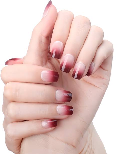The NailzStation nails artificial nail fake designer press on extension with design glue Ombre Maroon