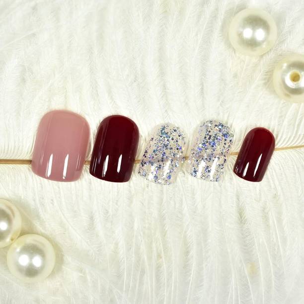 The NailzStation nails artificial nail fake designer press on extension with design glue french Maroon, Rose, Silver