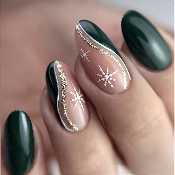 VGroot artificial designer nails extension green fake press on with glue gpolygel kit Multicolor