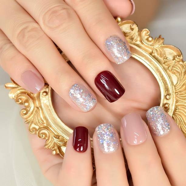 The NailzStation nails artificial nail fake designer press on extension with design glue french Maroon, Rose, Silver