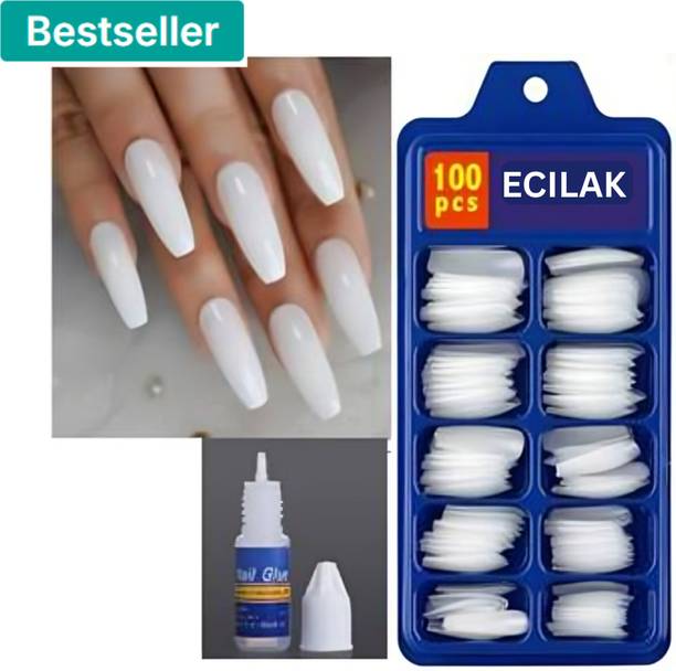 ECILAK Full Cover Artificial Nails Set, Acrylic Nails Set , Nail Extension + Nail Glue WHITE
