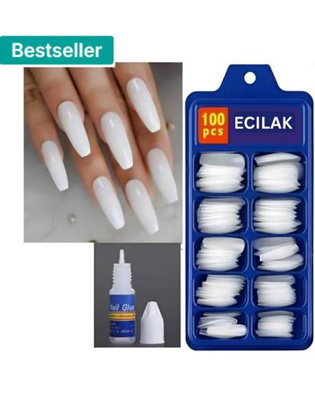 ECILAK Full Cover Artificial Nails Set, Acrylic Nails Set , Nail Extension + Nail Glue WHITE
