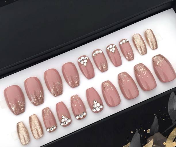 AMOK STORE fake nails with glue, nail extension tips , false nail, nail art kit,1 pink, gold