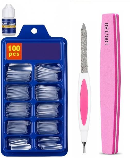 ROODILES Reusable Nail Extension Tips Kit with Nail Glue, 1 File & 100/180 Nail Buffer transparent