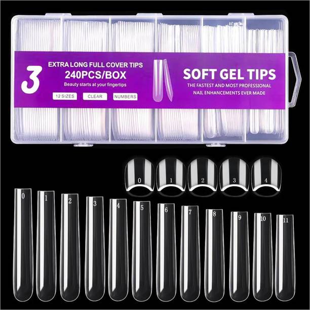 RUBY FACE 240PCS Clear Full Cover Artificial False Nails Tips,3XL Extra Long Square No 3 clear