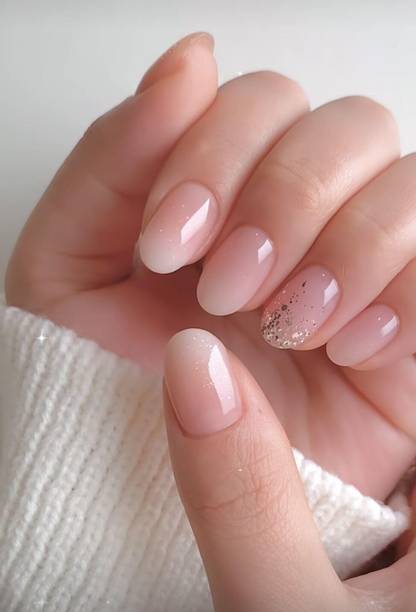 kulis Press On Nails, Short Round Shape Tips, Glossy Pink Ombre with Glitter Reusable Artificial Fake Nail Extensions With Free Glue Kit