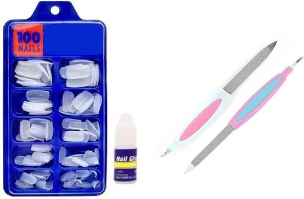ROODILES 100 White False Nails with Glue & 2 Nail Files – Full Nail Extension Kit WHITE