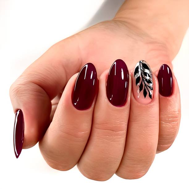 The NailzStation nails artifical nail fake designer press on extension with design glue Floral Maroon