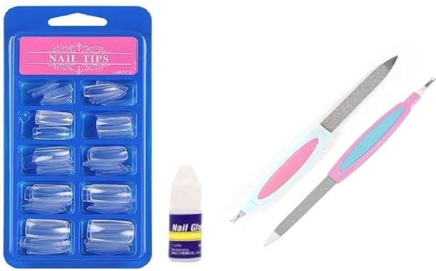 ROODILES 100 Pcs Transparent Artificial Nails with Glue & Nail Filler – Nail Extension Transparent