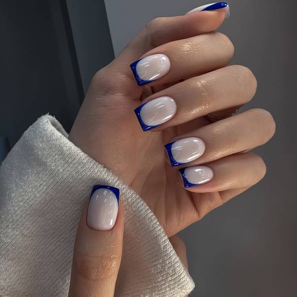 The NailzStation nails artificial nail fake designer press on extension with design glue french Blue