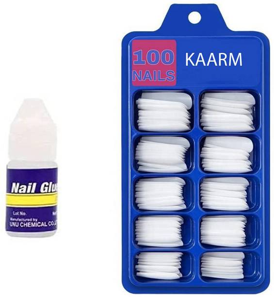 kaarm Full Cover Artificial Nails Set, Acrylic Nails Set, Nail Extension + Nail Glue WHITE