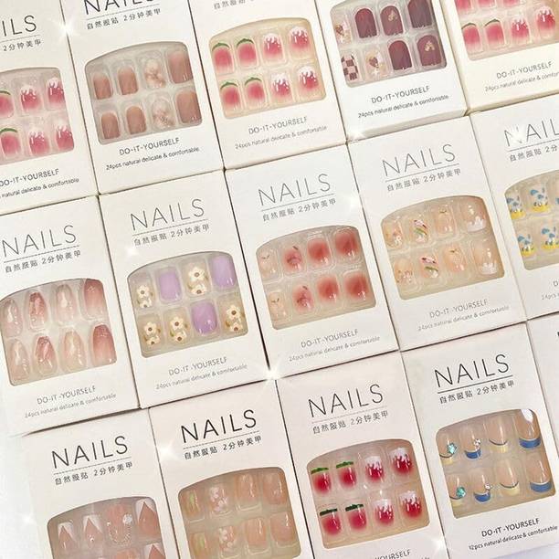 Shanaya nails artificial nail fake designer press on extension with design glue 24 multicolour