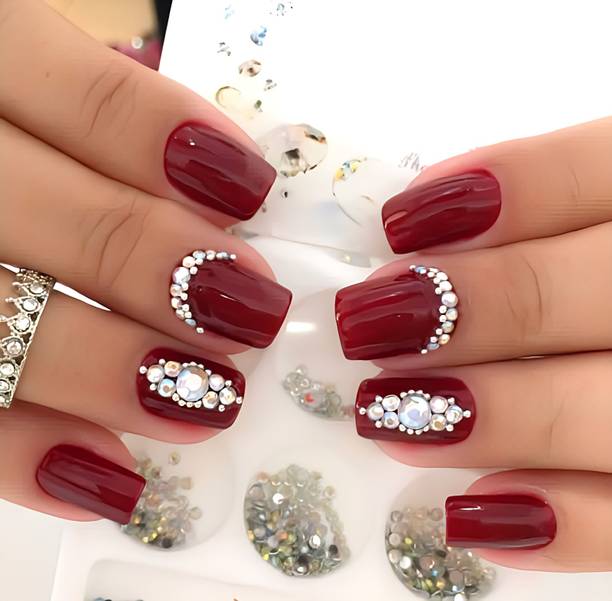 The NailzStation nails artifical nail fake designer press on extension with design glue Studded Red