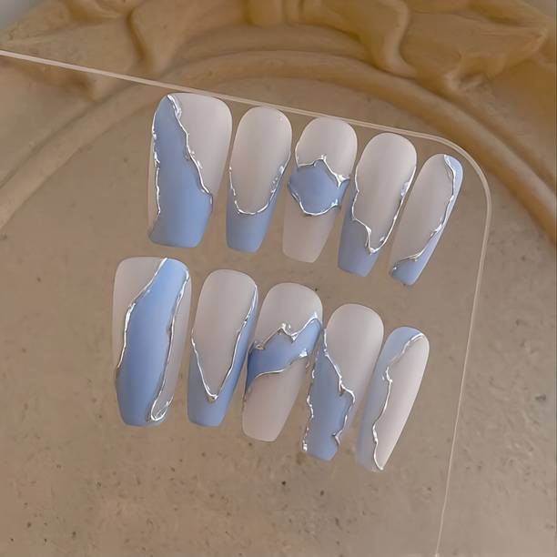 The NailzStation nails artifical nail fake designer press on extension with design glue Swirls Blue
