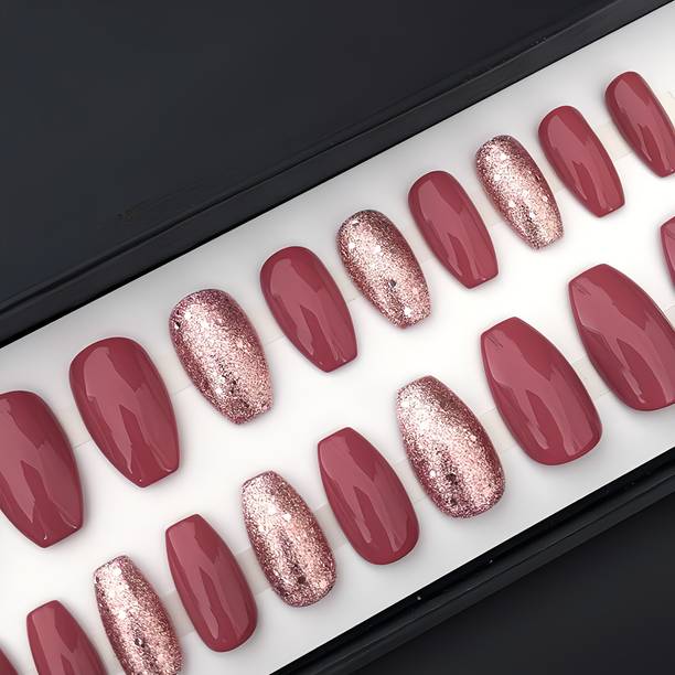 The NailzStation nails artificial nail fake designer press on extension with design glue Glitter Pink