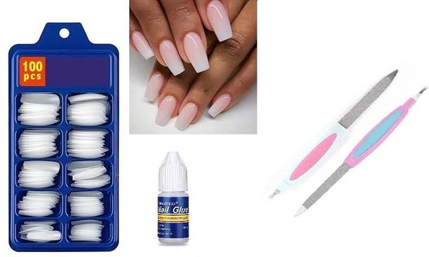 ROODILES 100 White False Nails with Glue & 2 Nail Files – Full Nail Extension Kit WHITE