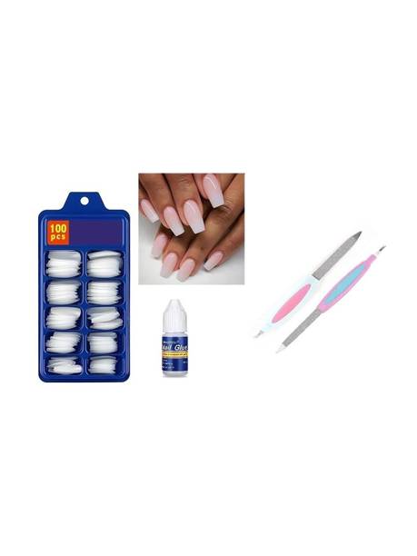 ROODILES 100 White False Nails with Glue & 2 Nail Files – Full Nail Extension Kit WHITE
