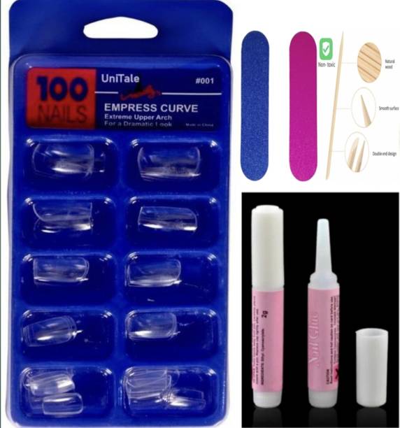 UniTale Best Transparent Fake Nail Extension 2xPremium Glue 2xMini Filer 1Cuticle pusher Transparent