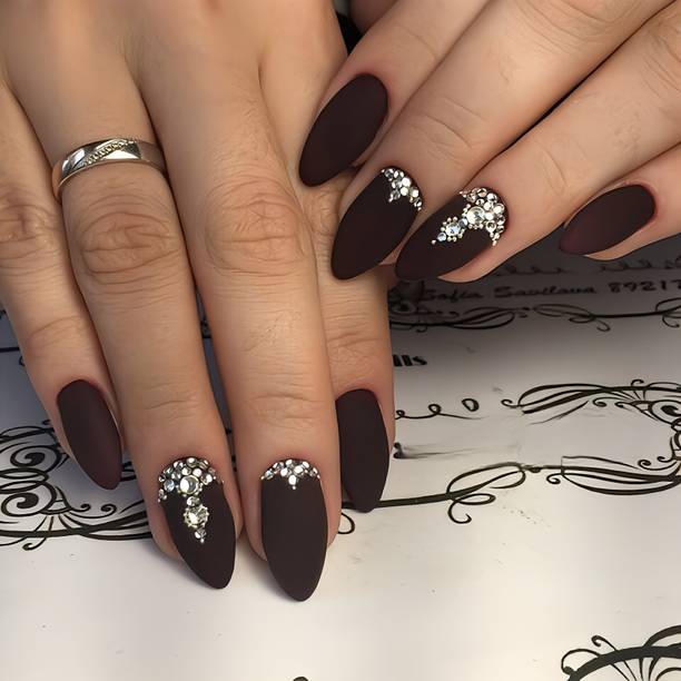 The NailzStation nails artifical nail fake designer press on extension with design glue Studded Brown