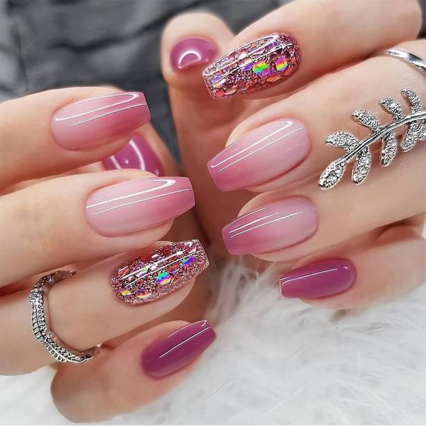 NAKHI 24 Artificial Fake Nail Set |Base Baby Pink colour with Jari Design Glossy Nails Baby Pink