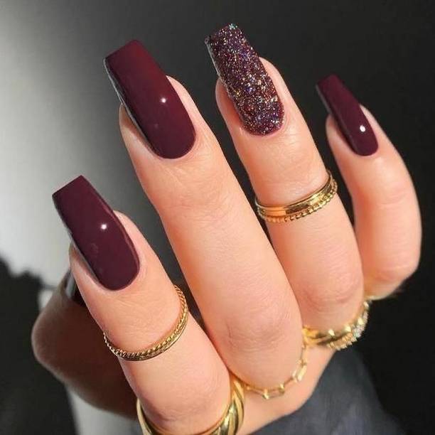 The NailzStation nails artificial nail fake designer press on extension with design glue Glitter Maroon