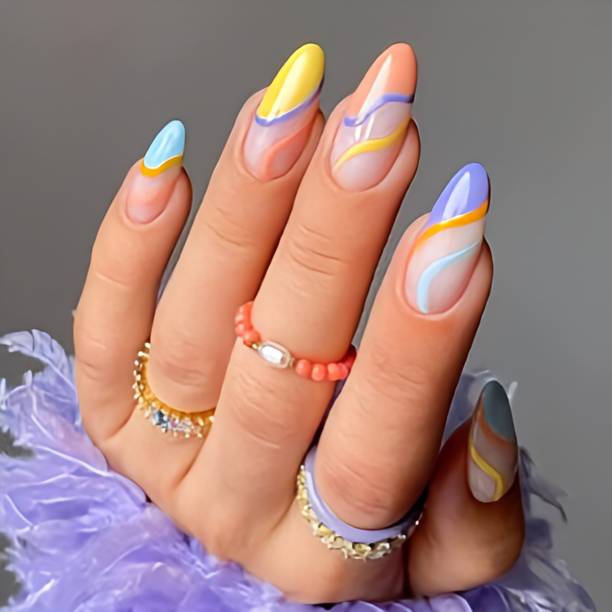 The NailzStation artificial designer nails extension fake press on swirls with glue polygel kit natural, multicolor