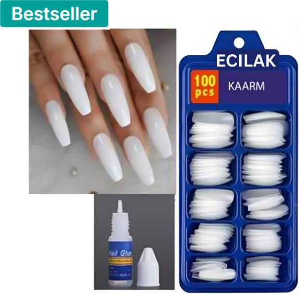 ECILAK Full Cover Artificial Nails Set,Acrylic Nails Set, Nail Extension + Nail Glue WHITE
