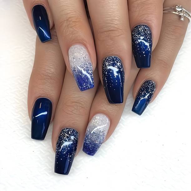The NailzStation nails artificial nail fake designer press on extension with design glue Glitter Blue