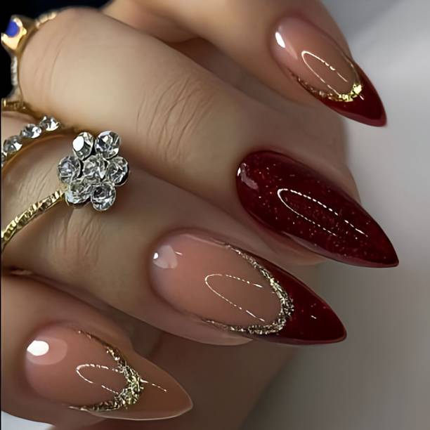 VGroot artificial designer nails extension fake french press on with glue polygel kit natural, maroon