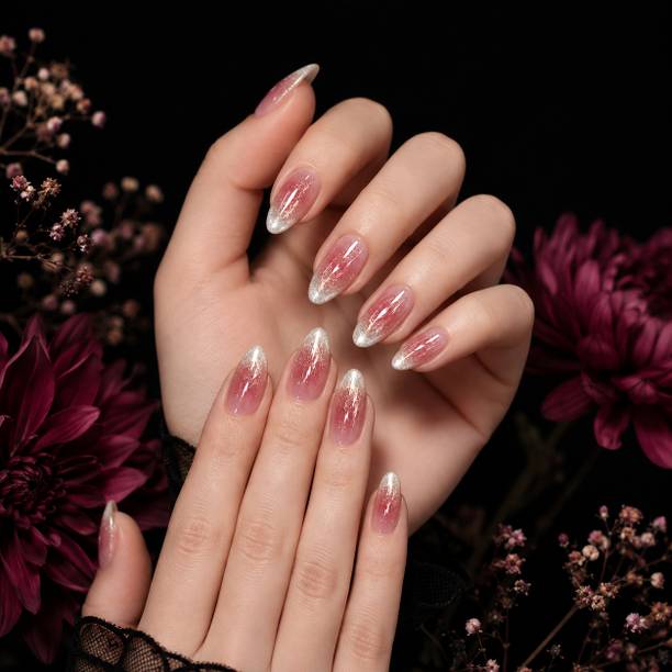 ERICO 24 nails artificial nail fake designer press on extension PINK WITH SILVER SHEDOW