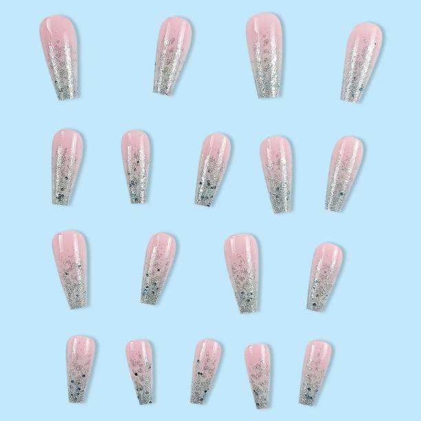 VGroot Glitter nails press on extension fake artificial nail designer nail art kit glue Pink