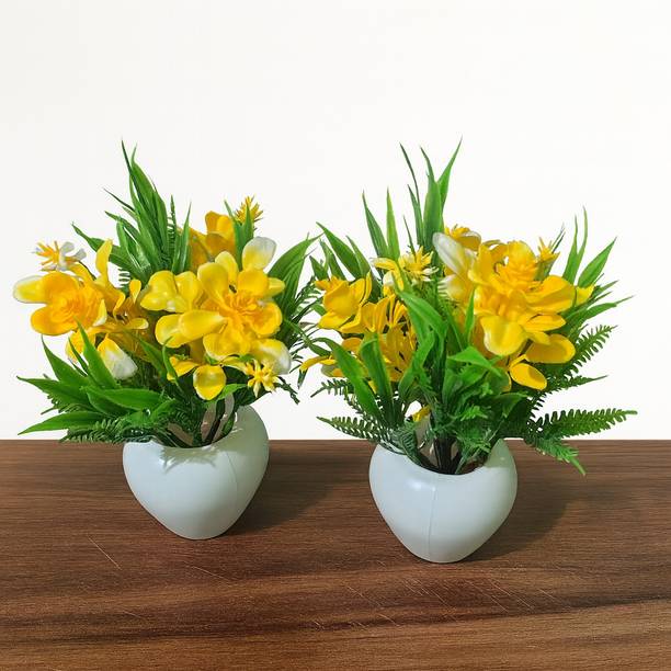 PREMA SHINE Artificial Yellow Flower Plants with White Pot | Set of 2 Mini Decorative Flower Wild Artificial Plant  with Pot