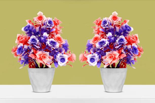 RisEmpire Artificial Plant For Home/Office Table Decoration or Gift ( Pack of 2, 7inch) Blue, Red Rose Artificial Flower  with Pot