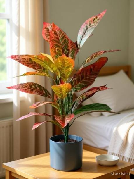 AADVIKCO artificial red iceton croton 26 leaves plant for home decor Artificial Plant