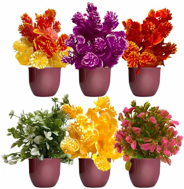 Ryme Set Of 6 Mini Small Artificial Multi Color Plants With Pot/Vase Bonsai Wild Artificial Plant  with Pot