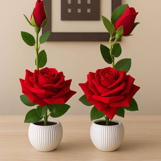HEERA Decorative Set of 2 Artificial Red Rose Flower Plant with White Plastic Pot Red Rose Artificial Flower with Pot