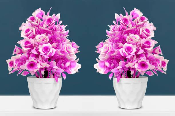 RisEmpire Artificial Plant For Home/Office Table Decoration or Gift ( Pack of 2, 7inch) Purple Rose Artificial Flower  with Pot