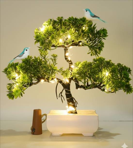 POKA Green Tree Flower With Bird & light For Home, Room, Bedroom, Office & wedding. Green, Brown Wild Flower Artificial Flower  with Pot