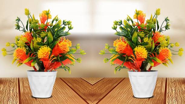 RisEmpire Artificial Plant For Home/Office Table Decoration or Gift ( Pack of 2, 7inch) Orange Rose Artificial Flower  with Pot