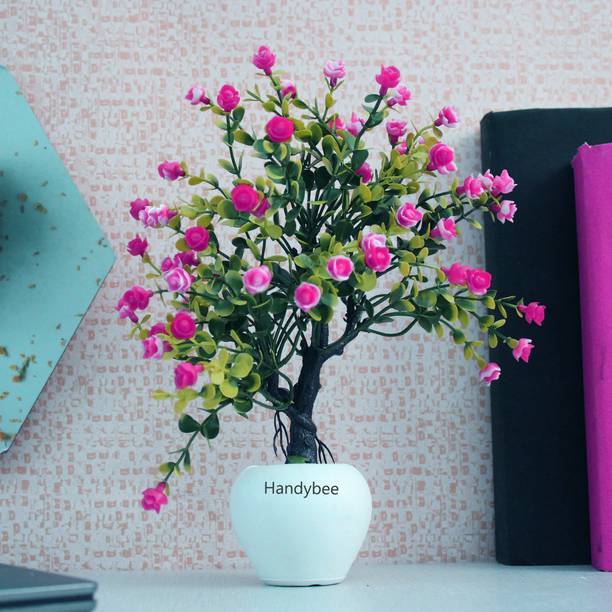 Handybee Potted Faux Plants for Indoor Office Desk Shelf Bathroom, (Pink/Red) Bonsai Artificial Plant  with Pot