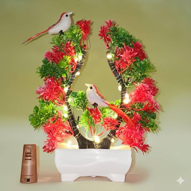 POKA Artificial flower with Bird & light For Home Office Decor, Living Room & House. Green, Red Wild Flower Artificial Flower with Pot