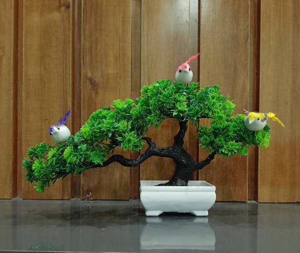 Decogreen SINGAL 4TP GREEN, 3BIRDS, SHIP POT, Plant For Home, Office Decor & Study Table Bonsai Wild Artificial Plant  with Pot