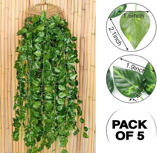 FITDREEZ (8 Feet) (Set of 5)30 Leave in one String Artificial Money Plant For Home decor Artificial Plant